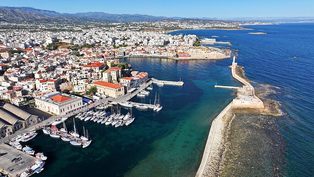 Aerial view of the Venetian port of Chania, Crete, Greek Islands, Greece, Europe