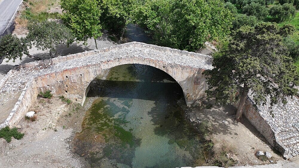 Aerial view of old bridge at Preveli, Chania province, Crete, Greek Islands, Greece, Europe