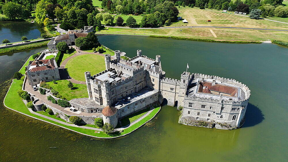 Aerial view of Leeds Castle and moat, southeast of Maidstone, Kent, England, United Kingdom, Europe