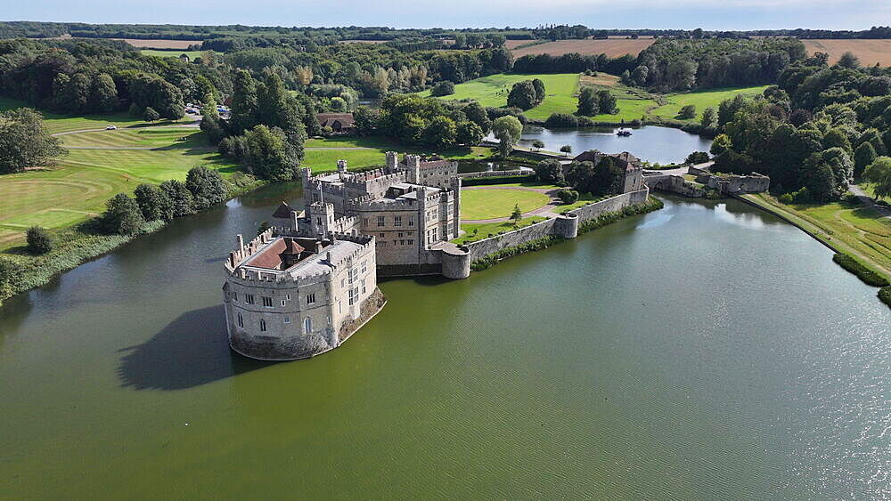 Aerial view of Leeds Castle and moat, southeast of Maidstone, Kent, England, United Kingdom, Europe