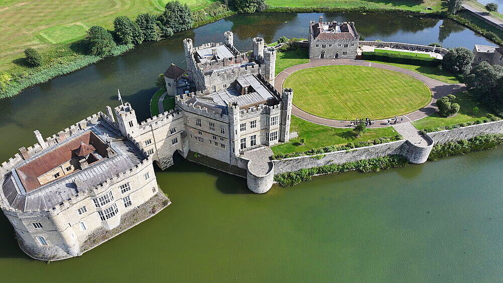 Aerial view of Leeds Castle and moat, southeast of Maidstone, Kent, United Kingdom, Europe