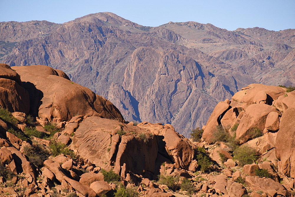 The Lion's Face, famous rock formation viewed from hills surrounding Tafraout, Morocco, North Africa, Africa