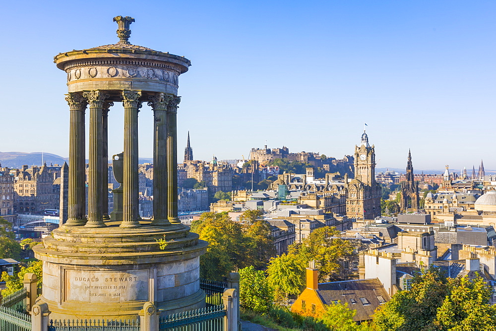 City centre skyline, Dugald Stewart Monument, Edinburgh, Scotland, United Kingdom, Europe