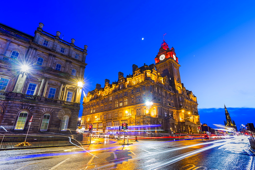 The Balmoral Hotel at dusk, Princes Street, Edinburgh, Lothian, Scotland, United Kingdom, Europe