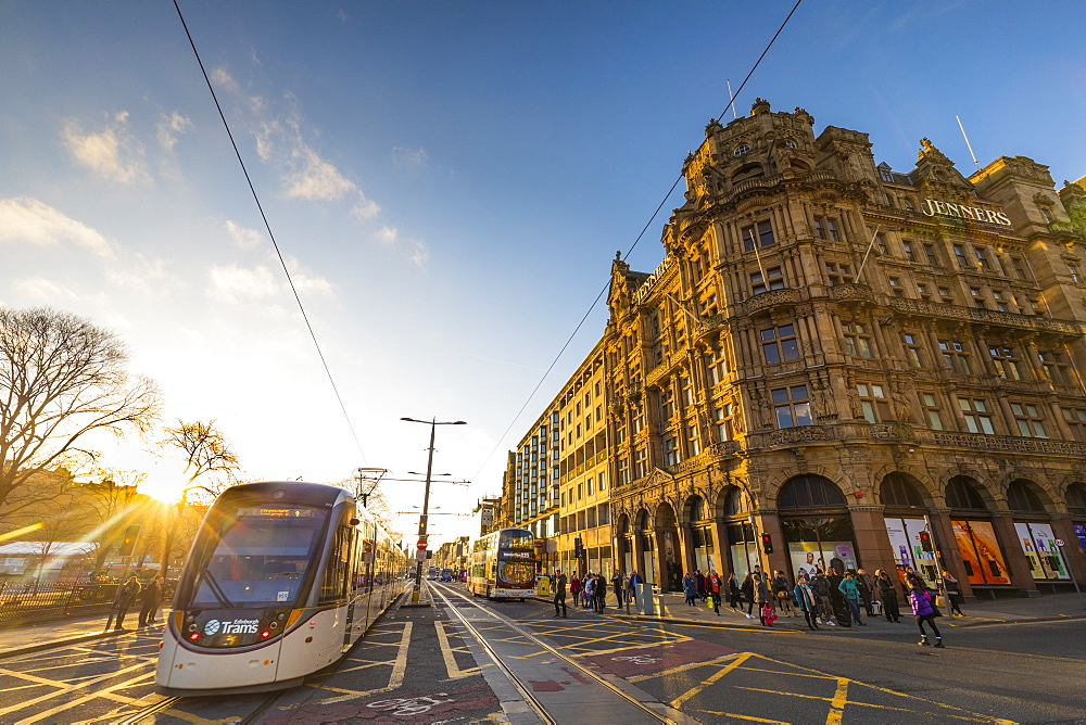 Tram at Princes Street, Jenners Store, Edinburgh, Lothian, Scotland, United Kingdom, Europe