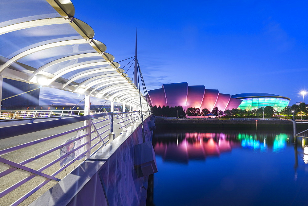 Bell's Bridge, the Armadillo, the SSE Hydro and the River Clyde, Pacific Quay, Glasgow, Scotland, United Kingdom, Europe