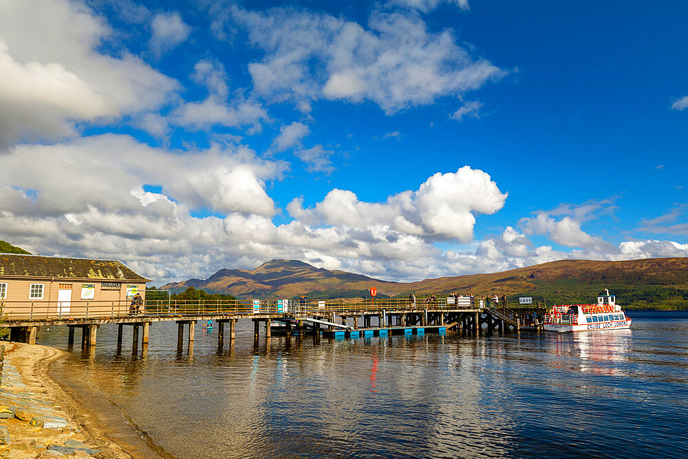 Tour boat and pier, Luss, Loch Lomond, Argyll and Bute, Scotland, United Kingdom, Europe