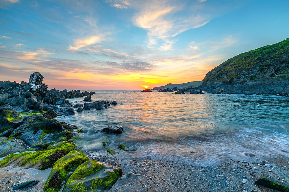 Sunset over Atlantic, Combesgate Beach, Woolacombe, Devon, England, United Kingdom, Europe