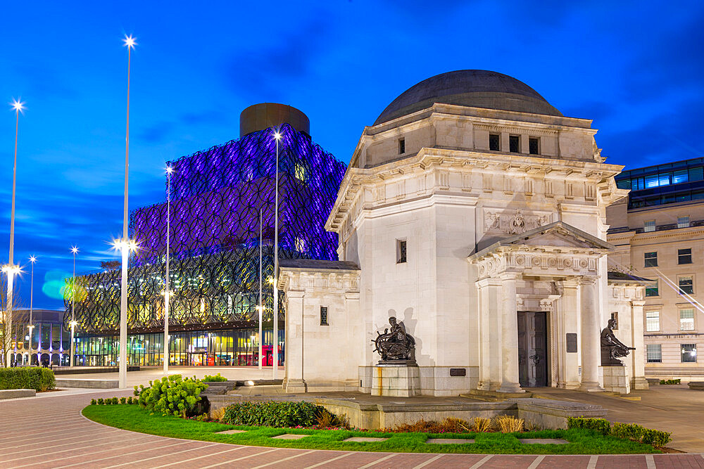 Dusk view of Hall of Memory War Memorial, Library of Birmingham, Centenary Square, Birmingham, England, United Kingdom, Europe