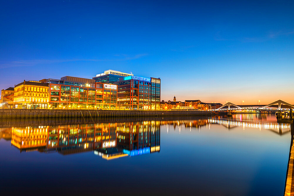 Barclays Campus at sunset, Tradeston, River Clyde, Glasgow, Scotland, United Kingdom, Europe