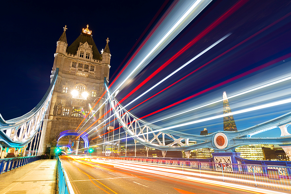 Tower Bridge and light traffic trails, The Shard in the background, London, England, United Kingdom, Europe