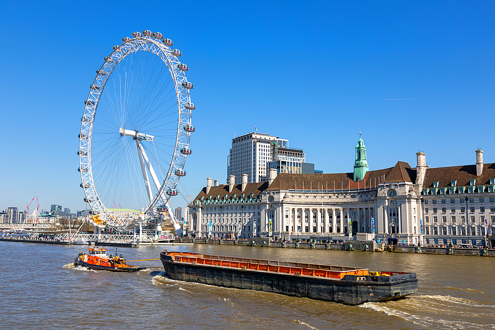 London Eye, tug boat and barge, River Thames, London, England, United Kingdom, Europe