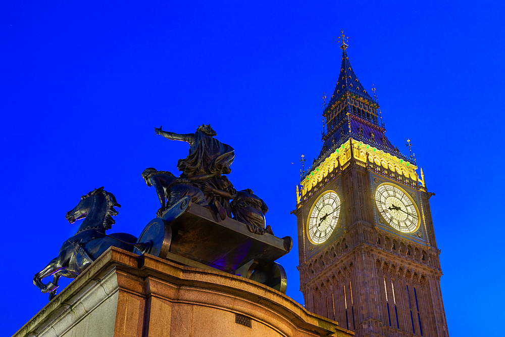 Big Ben and Boadicea Statue, dusk, Westminster, London, England, United Kingdom, Europe