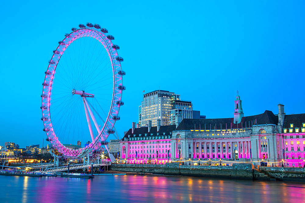 London Eye and London County Hall buiding, at dusk, River Thames, London, England, United Kingdom, Europe