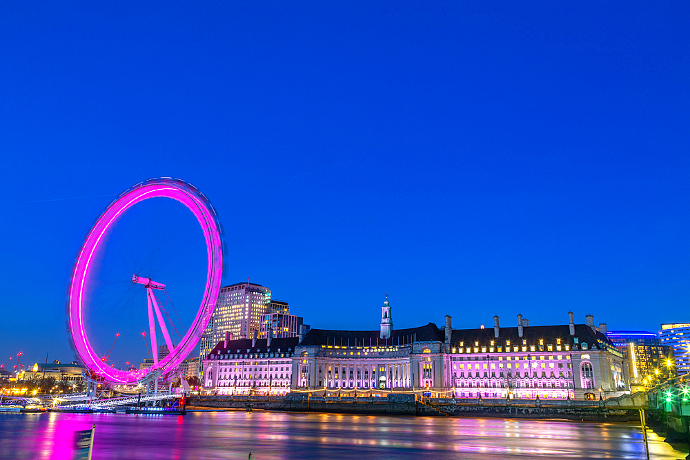 London Eye and London County Hall buiding, at dusk, River Thames, London, England, United Kingdom, Europe