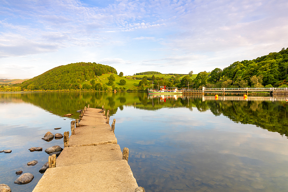 Wooden Pier and steamer boat in background, Ullswater, Lake District National Park, UNESCO World Heritage Site, Cumbria, England, United Kingdom, Europe