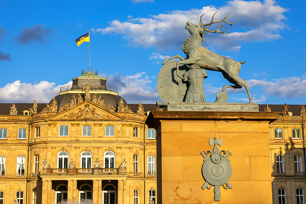 Deer statue at entrance, Neues Schloss (New Palace), Neues Schloss, Stuttgart, Baden-Wurttemberg state, Germany, Europe