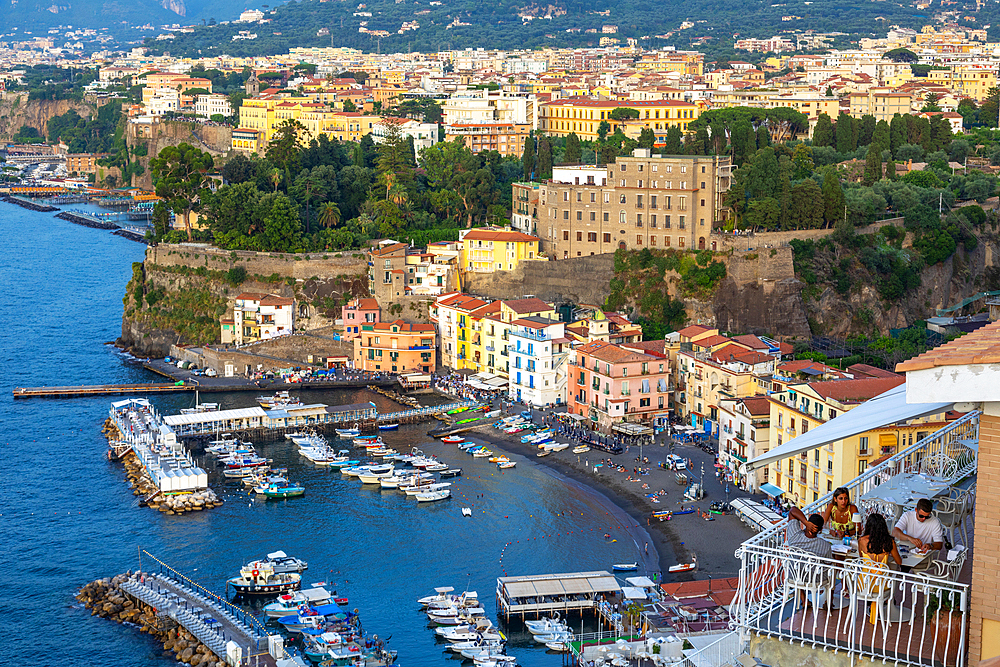 Tourists dining with view of Sorrento, Bay of Naples, Campania, Italy, Mediterranean, Europe