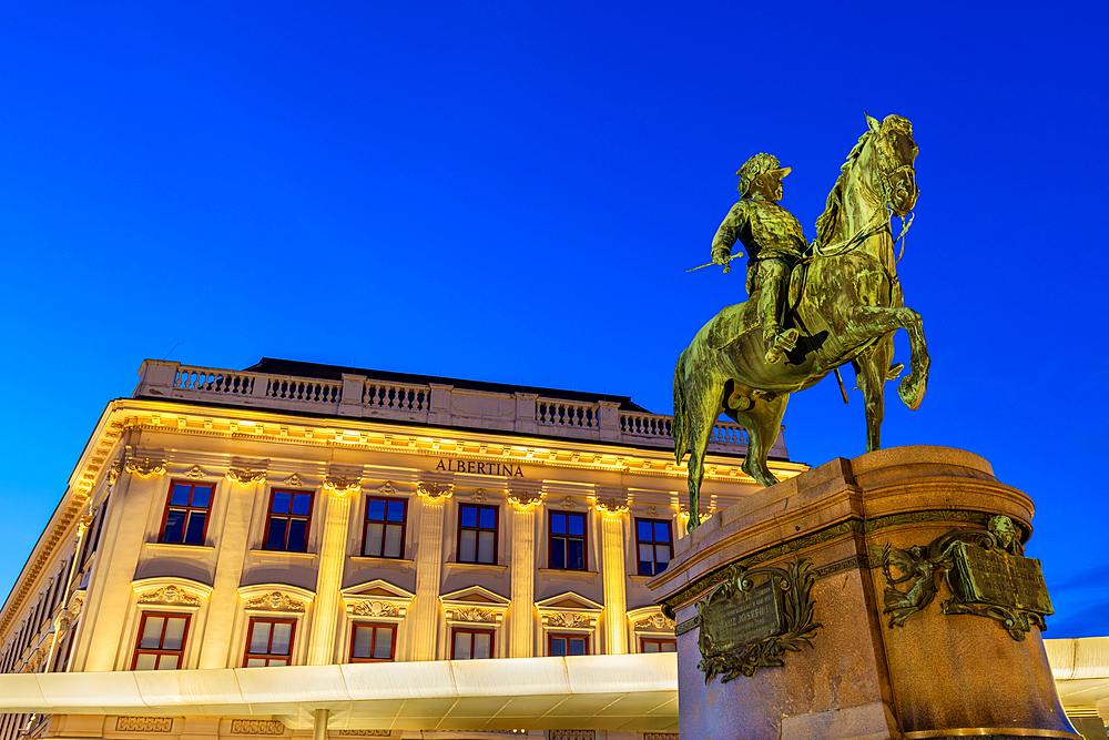 Equestrian statue of Archduke Albrecht, Albertina Museum, night shot, Vienna, Austria, Europe