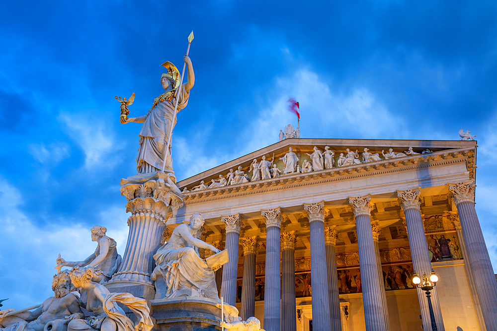 Pallas Athene Statue, Austrian Parliament, UNESCO World Heritage Site, dusk shot, Vienna, Austria, Europe