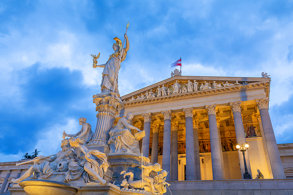 Pallas Athene statue, Austrian Parliament, UNESCO World Heritage Site, dusk shot, Vienna, Austria, Europe