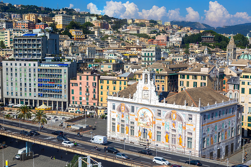 Panoramic view of Genoa from Bigo, Palazzo San Georgio, Genoa, Liguria, Italy, Europe