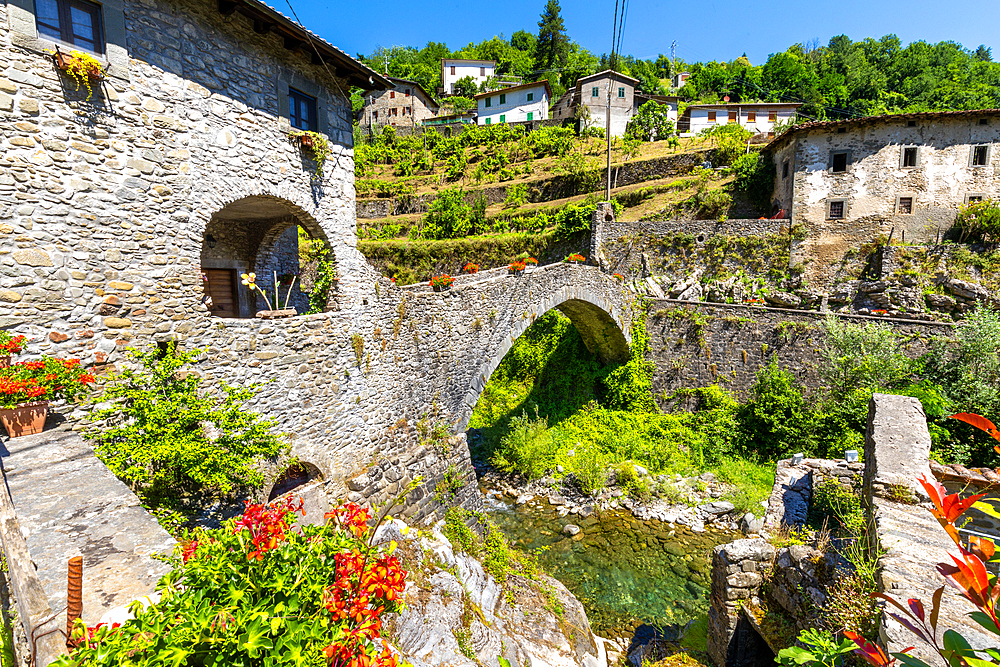 Fabbriche di Vallico, Ponte Colandi, 14th century pedestrian bridge, Turrite Cava stream, Garfagnana, Tuscany, Italy, Europe