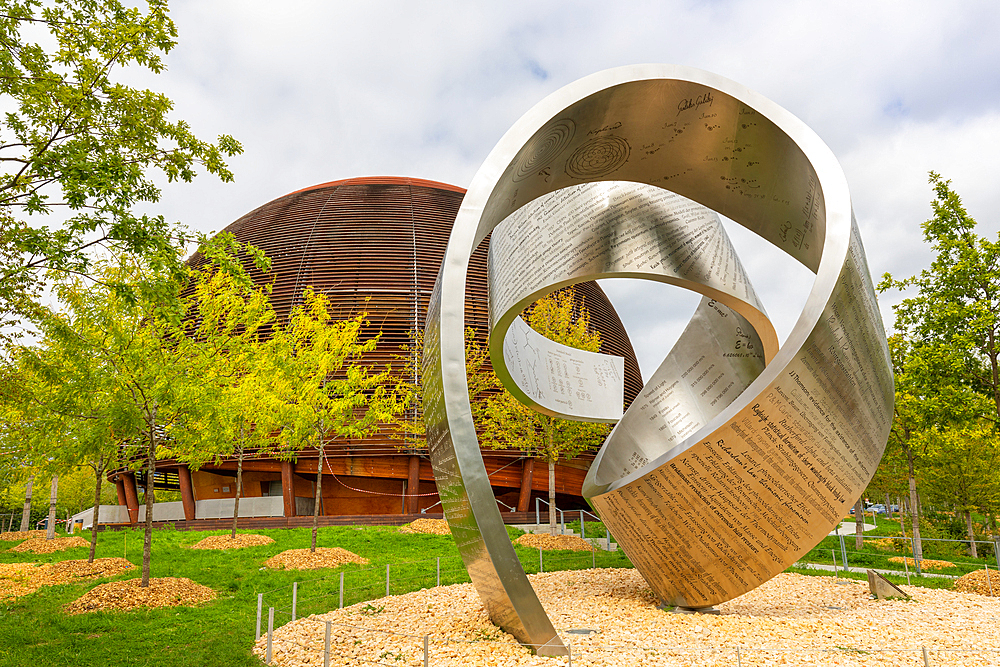 CERN, 'Wandering the immeasurable', steel structure, Globe of Science and Innovation in background, Geneva, Switzerland, Europe