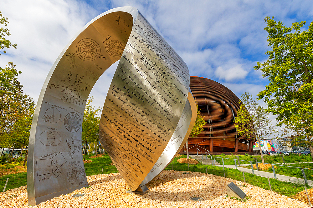 CERN, 'Wandering the immeasurable', steel structure, Globe of Science and Innovation in background, Geneva, Switzerland, Europe