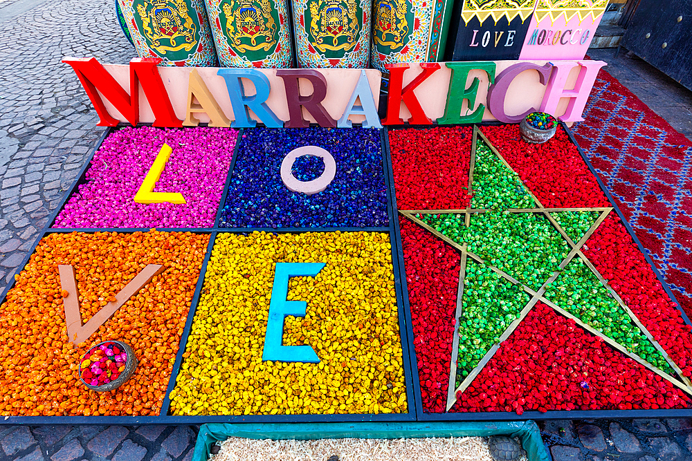 Multicoloured spices and herbs display, Marrakesh, (Marrakech), Morocco, North Africa, Africa