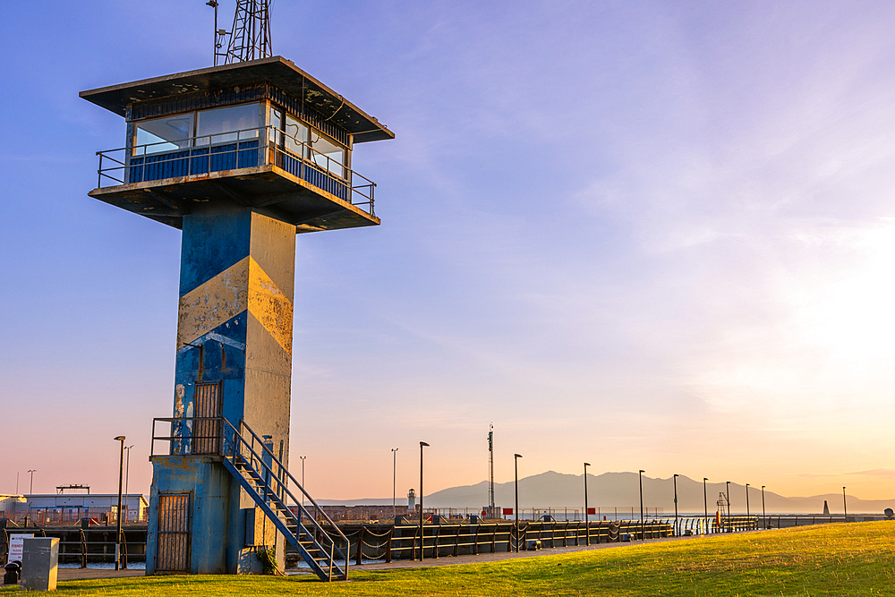 Ardrossan, Harbour control Tower, Isle of Arran in background, Ardrossan, North Ayrshire, Scotland, United Kingdom, Europe