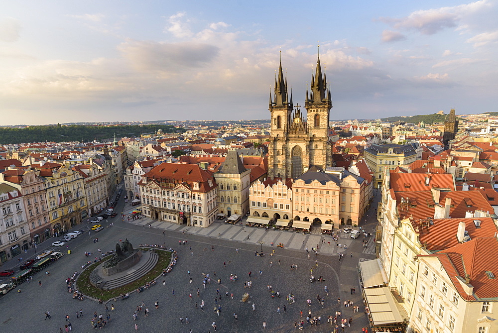 View of Prague's historic Old Town Square from Old Town Hall with rooftops and Church of Our Lady before Tyn, UNESCO World Heritage Site, Prague, Czech Republic, Europe