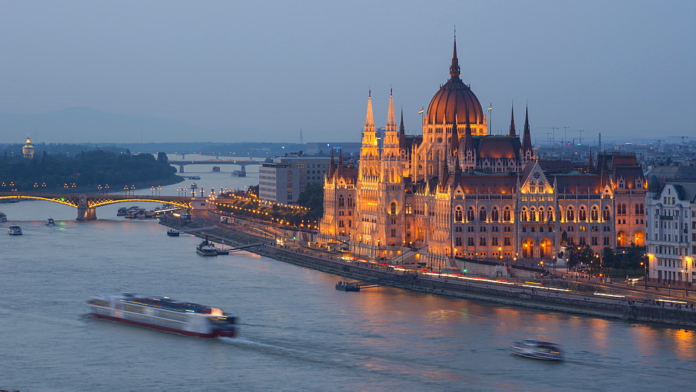 Hungarian Parliament at night on the River Danube, UNESCO World Heritage Site, Budapest, Hungary, Europe