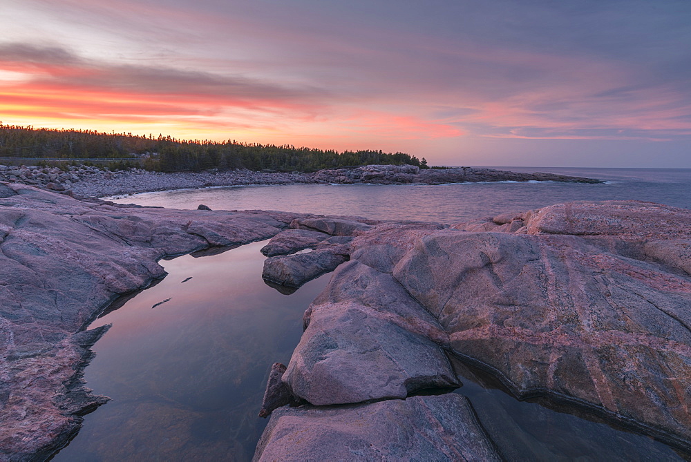 Waves and rocky coastline at sunset, Lackies Head and Green Cove, Cape Breton National Park, Nova Scotia, Canada, North America