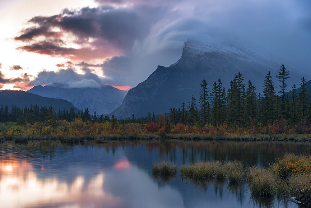 Sunrise and storm clouds at Vermillion Lakes with Mount Rundle in autumn, Banff National Park, UNESCO World Heritage Site, Alberta, Rocky Mountains, Canada, North America