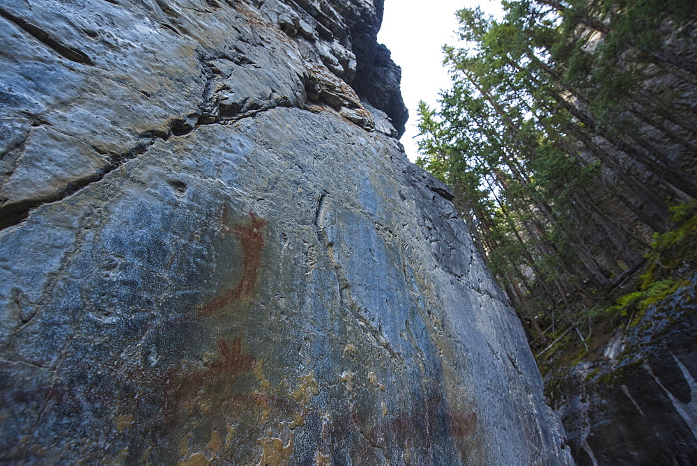 Ancient Indigenous pictographs on a canyon wall, Grotto Canyon, Alberta, Canada, North America