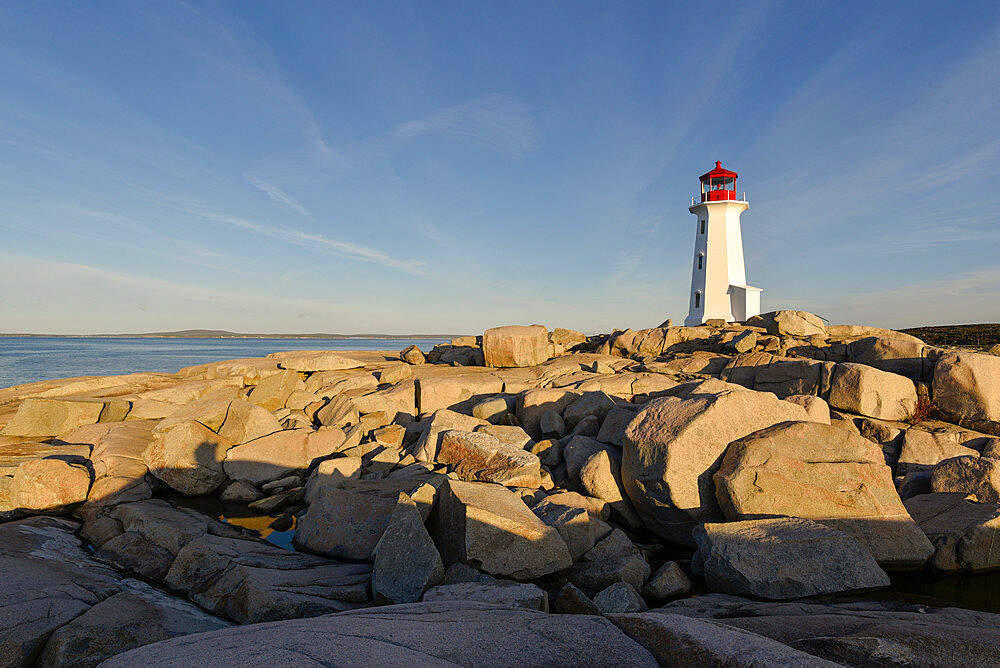 Lighthouse in Peggy's Cove at sunrise, Nova Scotia, Canada, North America