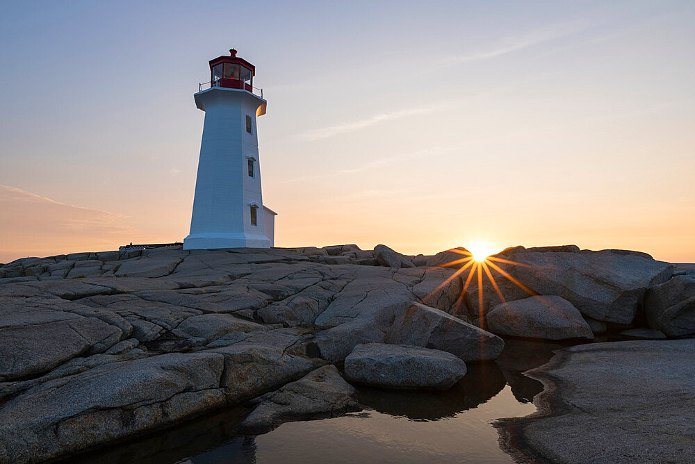 Lighthouse in Peggy's Cove at sunrise, Nova Scotia, Canada, North America