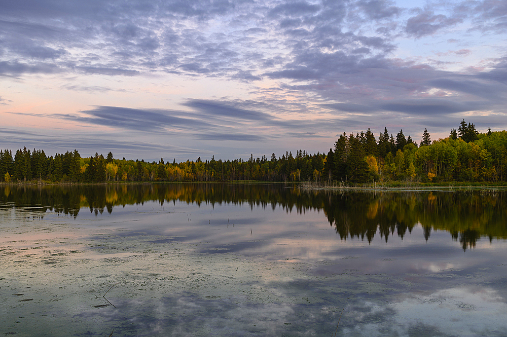 Sunset in autumn at Astotin Lake, Elk Island National Park, Alberta, Canada, North America