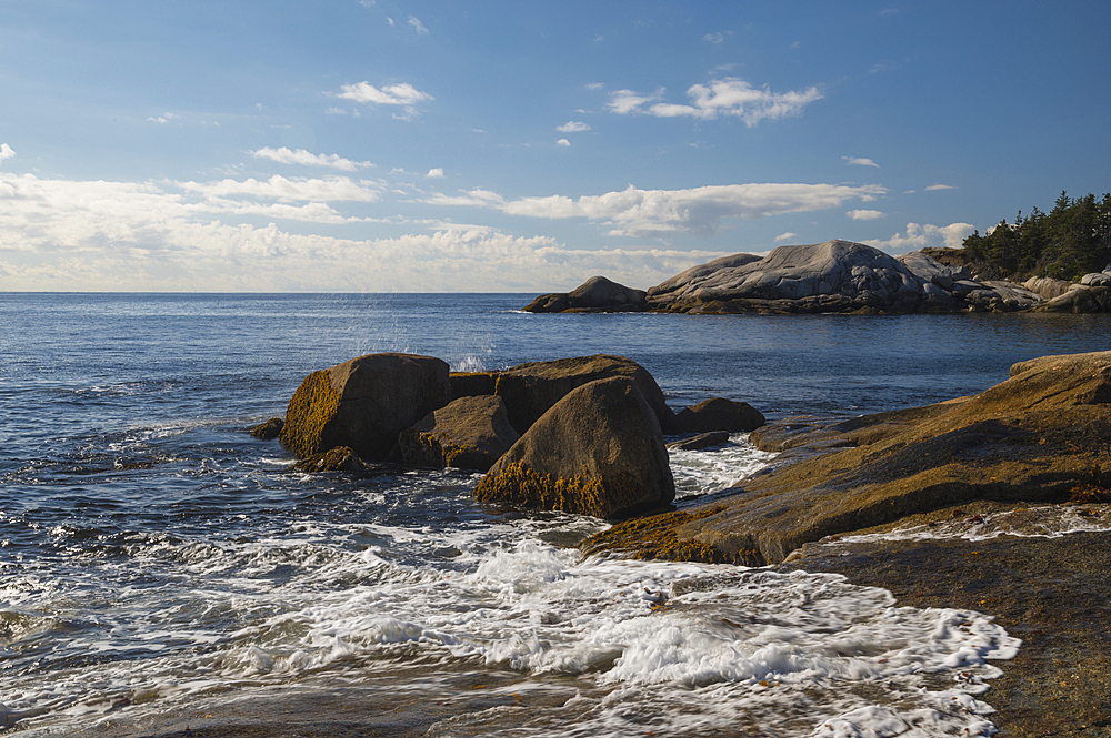 Waves crashing on rocky shore, Crystal Crescent Beach Provincial Park, Nova Scotia, Canada