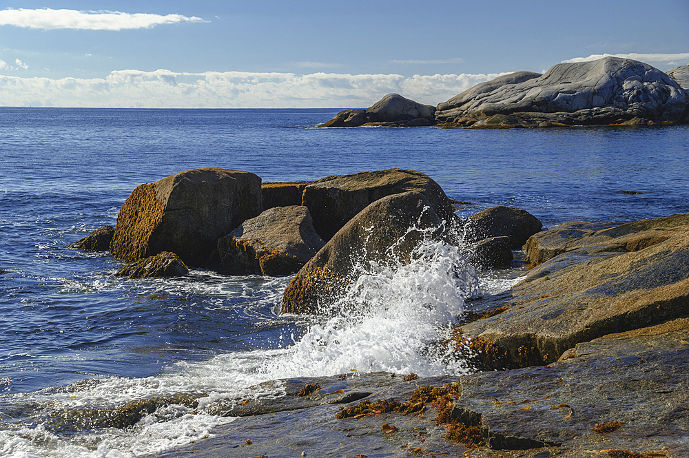 Waves crashing on rocky shore, Crystal Crescent Beach Provincial Park, Nova Scotia, Canada