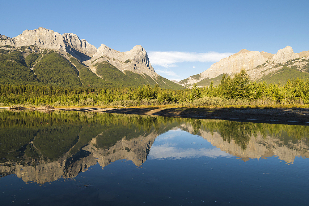 Mount Lawrence Grassi and Ha Ling Peak with the Bow River at sunrise, Canmore, Canadian Rockies, Alberta, Canada, North America