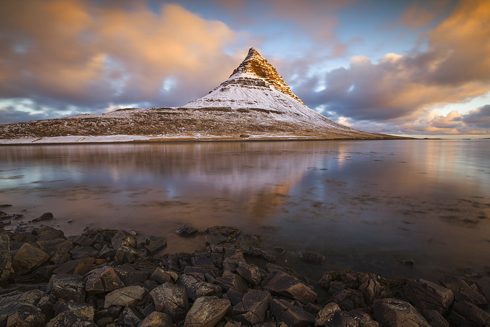 Kirkjufell Mountain at sunrise, Snaefellsness Peninsula, Iceland, Polar Regions