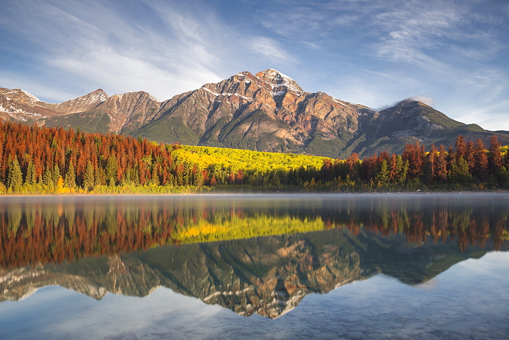 Pyramid Mountain reflected in Patricia Lake in autumn, Jasper National Park, UNESCO World Heritage Site, Canadian Rockies, Alberta, Canada, North America