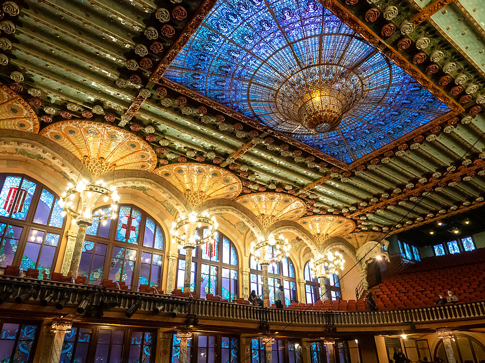 Stained glass roof in the main concert hall of the Palau de la Musica Catalana, Barcelona, Catalonia, Spain, Europe