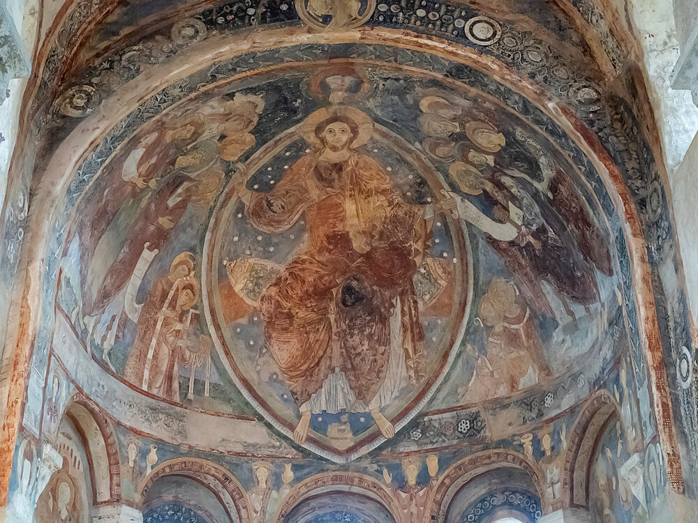 Romanesque frescos in the Chapelle des Moines in Burgundy, show how the basilica of Cluny would have been decorated in its day, Berze-la-Ville, Saone-et-Loire, Burgundy, France, Europe