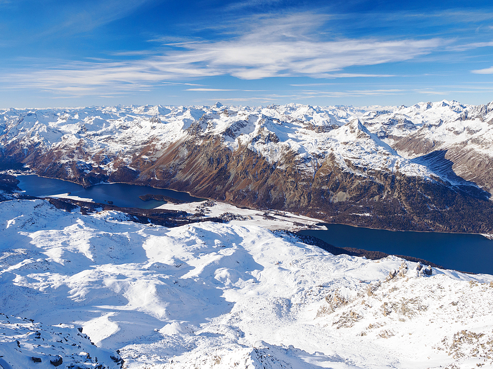 Looking down into the Engadine Valley from Corvatsch, Graubunden, Switzerland, Europe