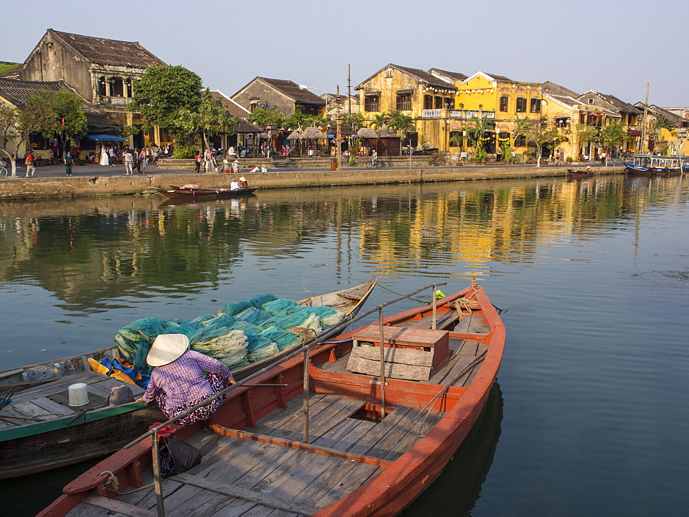 Boats and yellow houses along the river, Waterfront, Hoi An, Vietnam, Indochina, Southeast Asia, Asia