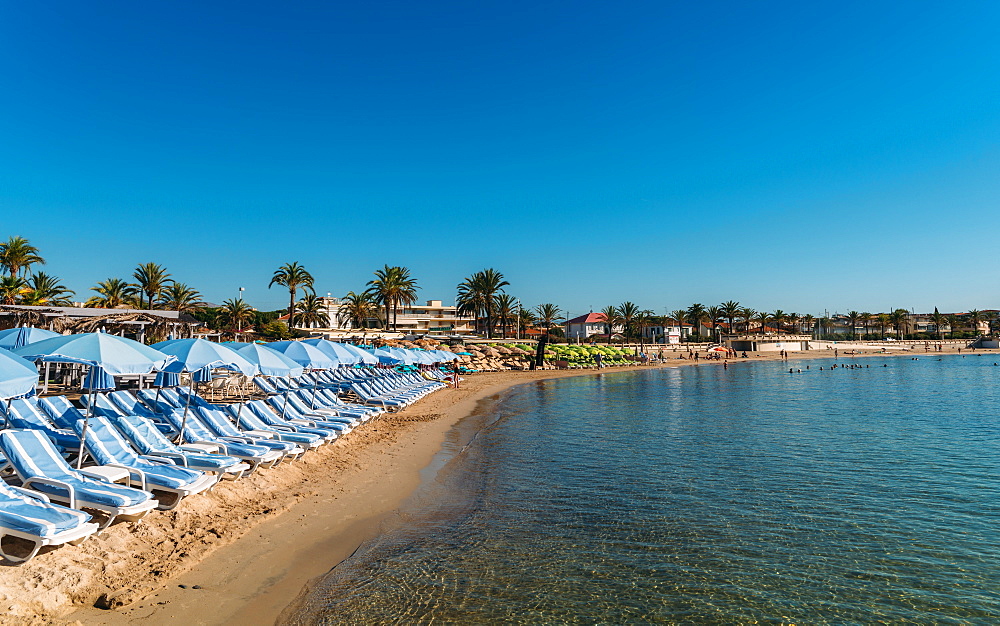 Rows of empty beach loungers in Juan les Pins, Cote d'Azur, Provence, France, Mediterranean, Europe