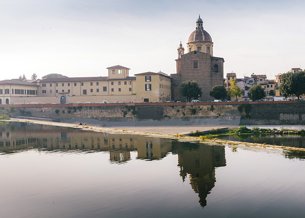 San Frediano in Cestello church with reflection on River Arno in Florence, Tuscany, Italy, Europe